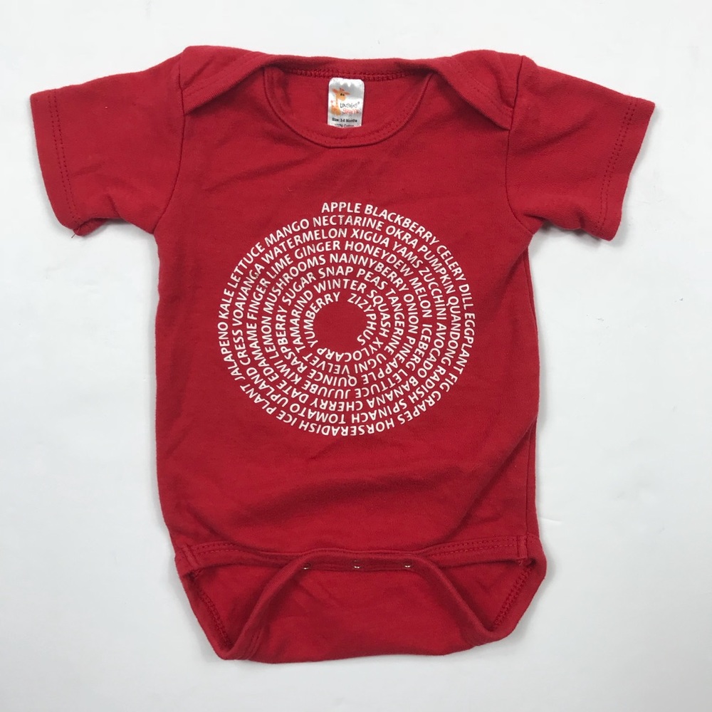 Red Fruits and Veggies Spiral Onesie Sz 3-6 Months
